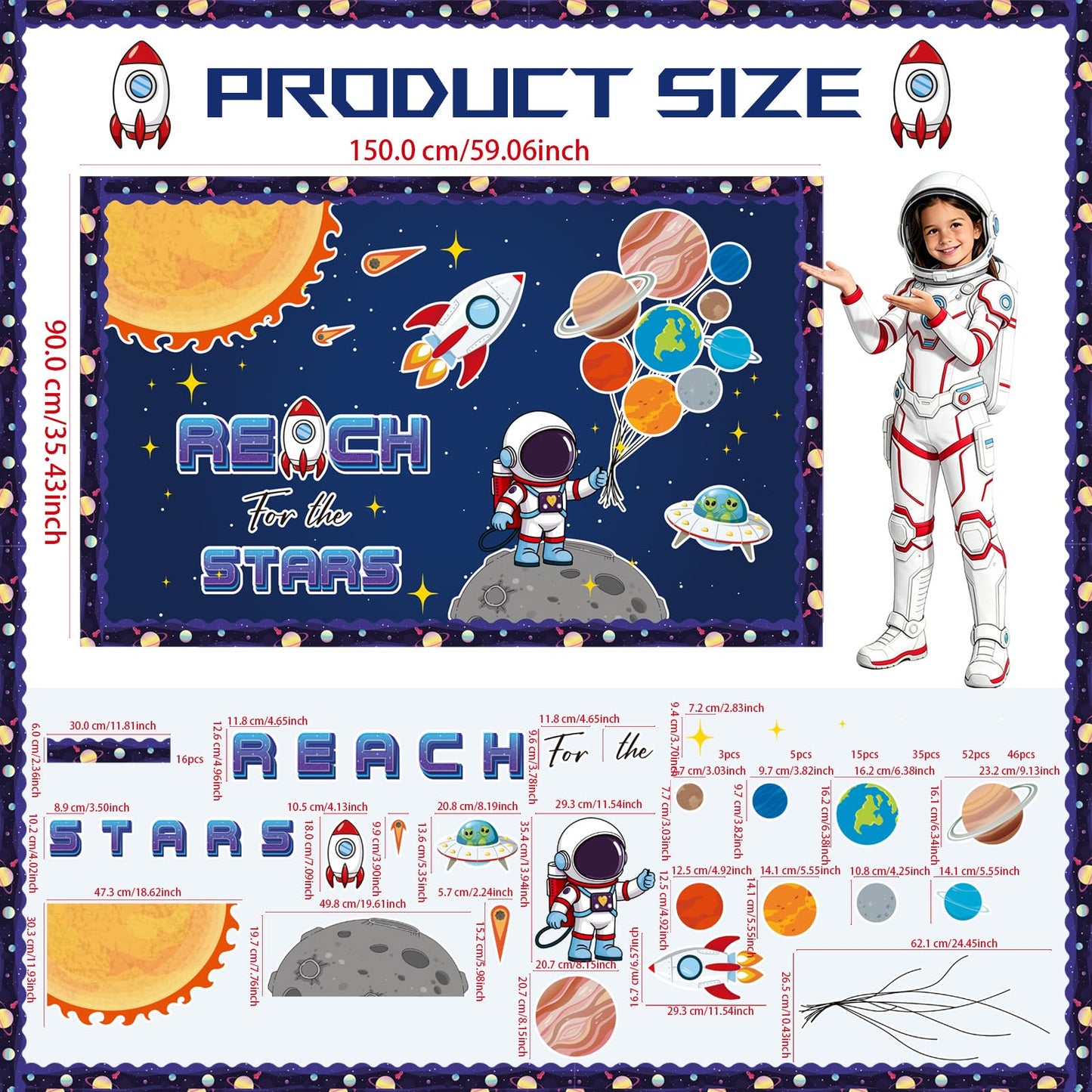 Outer Space Bulletin Board Decorations Set with Borders Space Theme Solar System Motivational Cutouts Decor for Teachers Astronaut Bulletin Board for Class School Classroom Chalkboard Wall Decor