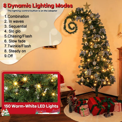 32Pcs 6 FT Christmas Tree with Light and Nightmare Ornament Ball Before Bendable Whimsical Christmas Tree with Black White Bow Ball 8 Modes String Light Crooked Bent Top for Home Decor (Green)