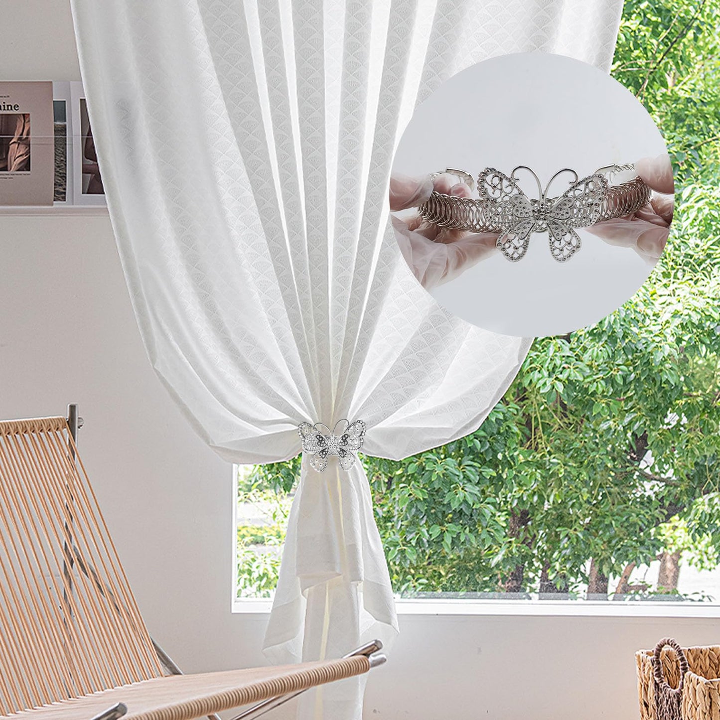 Chinflly Silver Butterfly Curtain Tiebacks No-Drill Modern Metal Curtain Holdbacks Easy to Install for Rental House Dorm Present Elegant Home Decor, 2 Packs