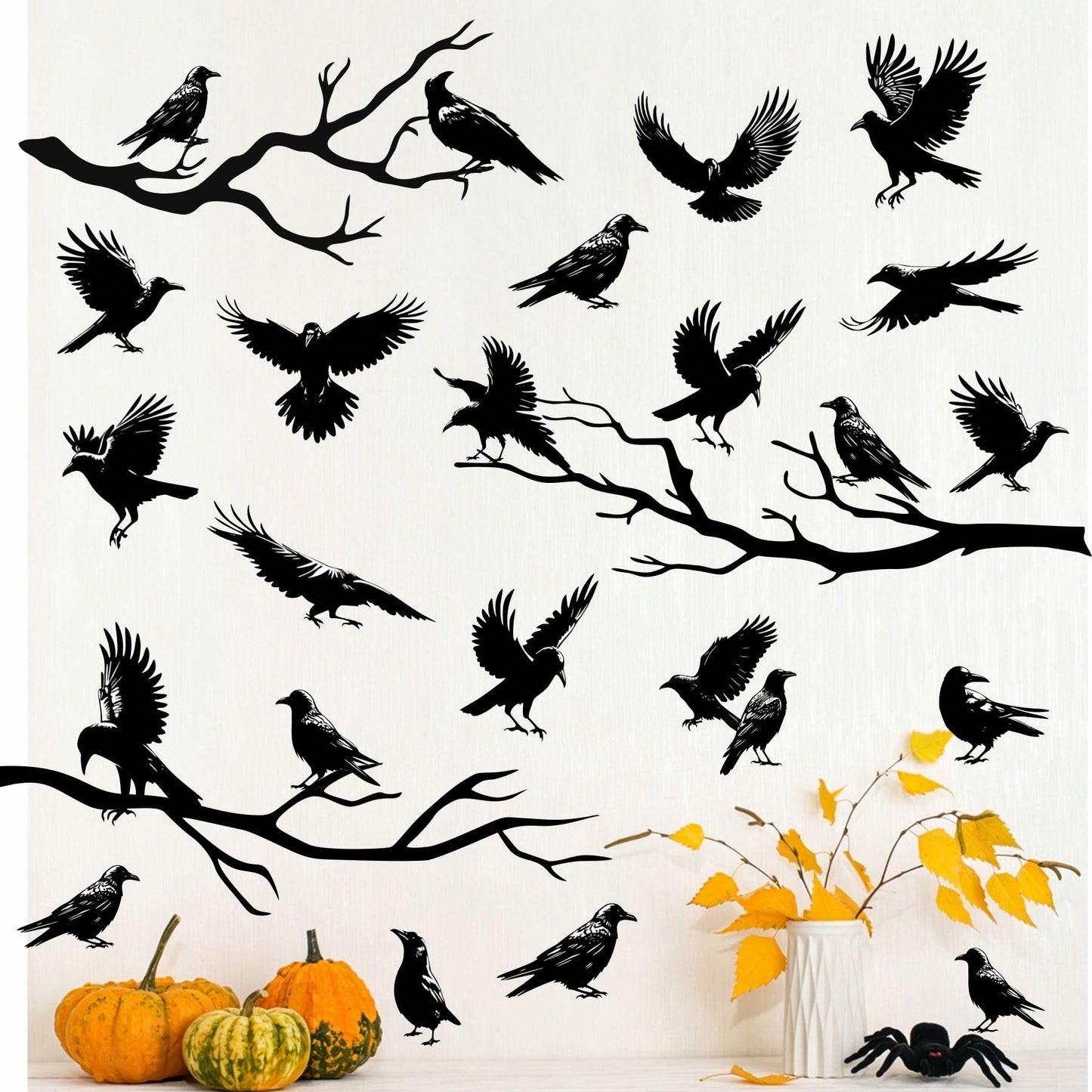 Halloween Raven Wall Decal Sticker Black Crow Window Cling Stickers Removable Tree Branch Wall Decals Peel and Sticker Home Office Glass Decor