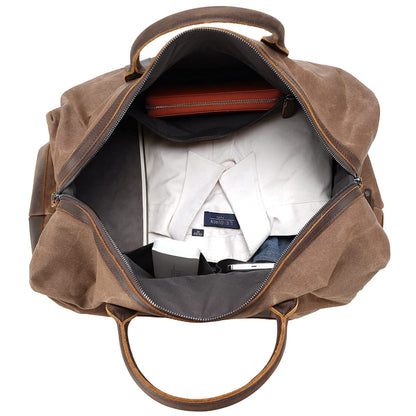 Polare 23” Waterproof Travel Duffel Bag Waxed Canvas Cowhide Leather Trim Luggage for Gym 55L Weekender Overnight Carry on Bag (Brown-23")