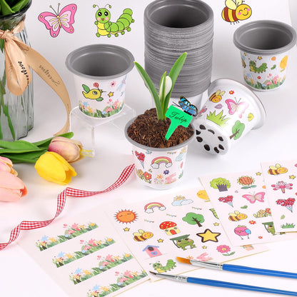 Garden Plastic Pot Craft Kit 50 Nursery Pots with 32 Stickers 50 Plant Labels 4 Painting Tools and 1 Ribbon for Flower Plant Spring Summer Graduation DIY Crafts Painting Gardening Growing Tools