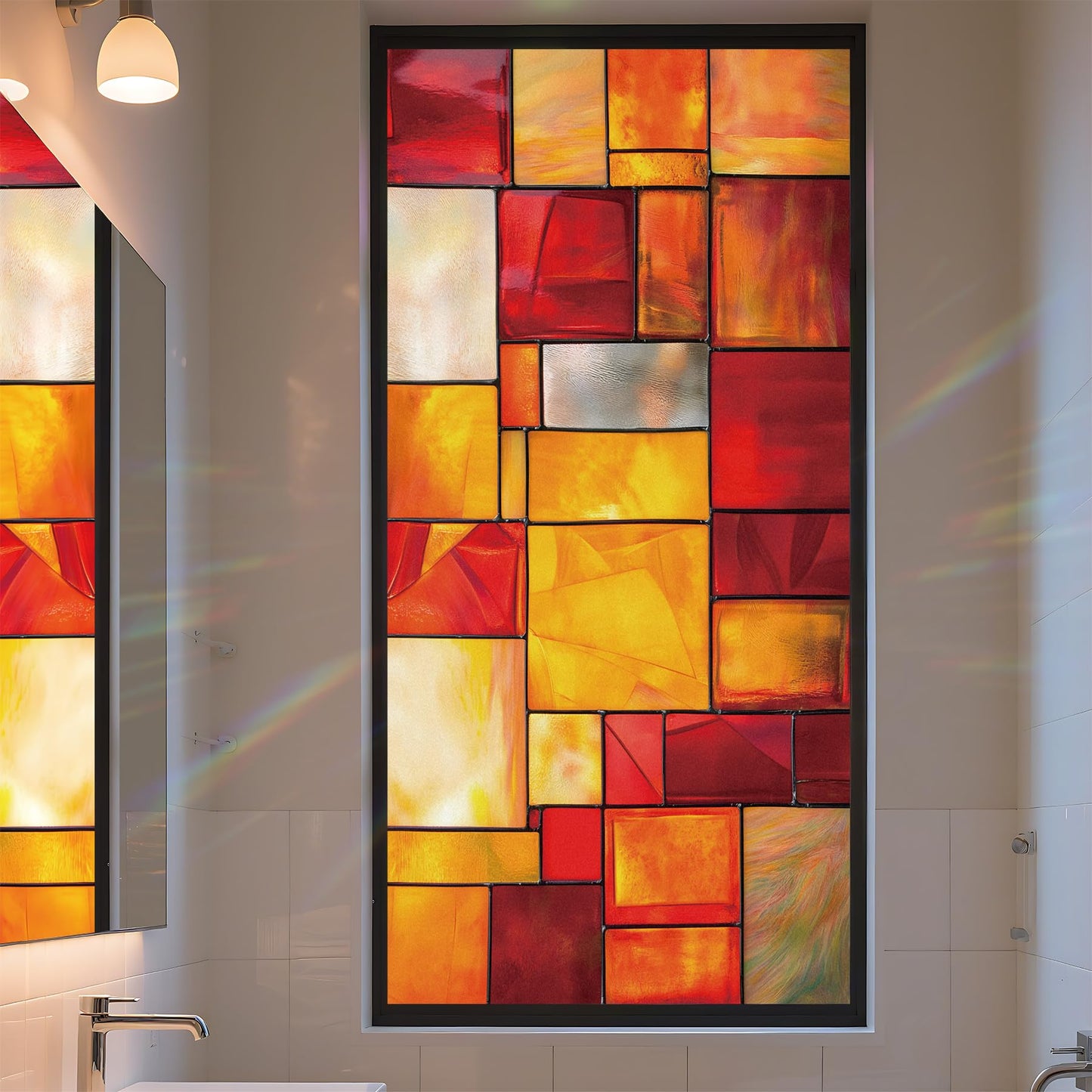 AOHMPT Stained Glass Window Privacy Film Static Cling - Rainbow Glass Decorative Sun Blocking Window Covering, Non-Adhesive Removable Stickers for Home & Office, 17.5" x 39.3"