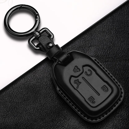 Tukellen Compatible with Chevrolet Leather Key Fob Cover with Keychain,fit 2019 2020 2021 Silverado GMC Sierra Smart Remote Key Shell, Genuine Leather for Chevy Key case(5 Buttons)-Black