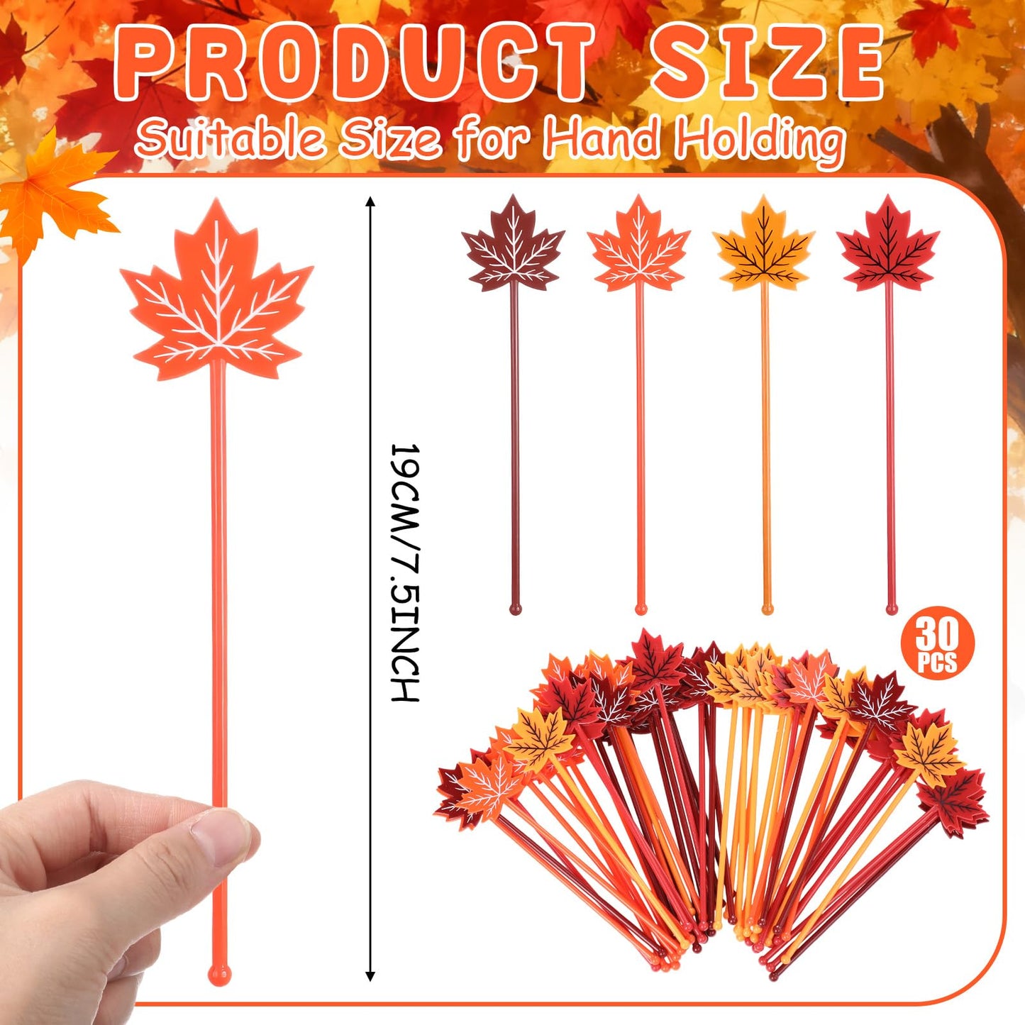 Bokon 30 Pcs Coffee Stirrers Maple Leaf Swizzle Sticks Plastic Cocktail Swizzle Stick 7.5" Reusable Coffee Stirrer Stir Sticks for Thanksgiving Party Christmas Wedding (Orange,Red)