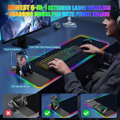 RGB Mouse Pad with Foldable Phone Stand Wireless Charger, 31.5"x11.8" XL Gaming Mousepad Large Desk Mat, Desk Pad with 11 Colors 5 Modes, Waterproof (Black with PD Adapter)