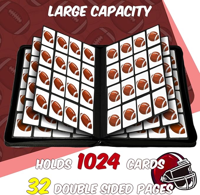 Football Card Binder 16 Pocket, Premium 1000+ Cards PU Cover Trading Sports Card Binder Side Loading Card Holder Collection Album Folders