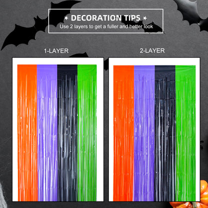 Mega-L Halloween Party Decorations, 2 Packs Orange Purple Black Green Photo Booth Props, 3.3 x 6.6 ft Halloween Foil Fringe Curtains with Bats, Photo Backdrop Streamers Halloween Party Supplies