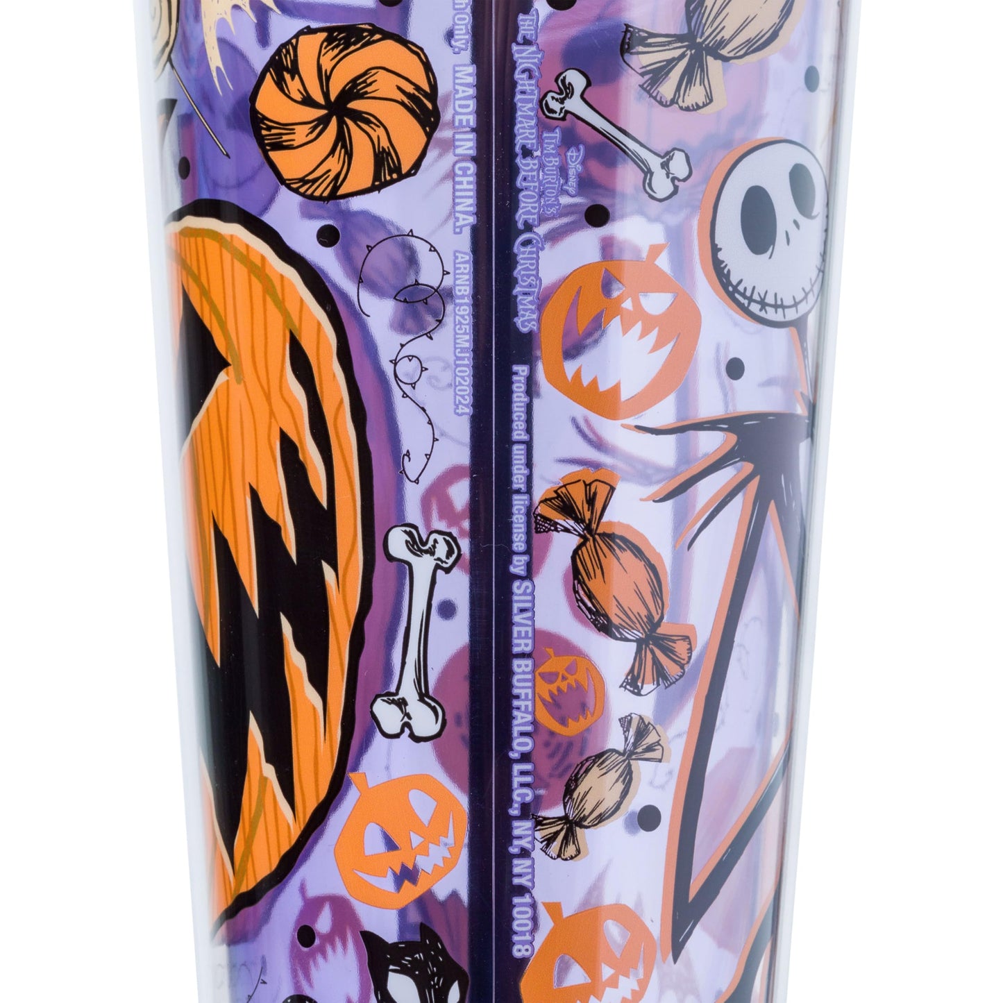 Silver Buffalo Disney Tim Burton's Nightmare Before Christmas Halloween Jack O-Lantern and Candy Featuring Jack Skellington Plastic Cold Cup with Lid and Straw Topper, 24 Ounces
