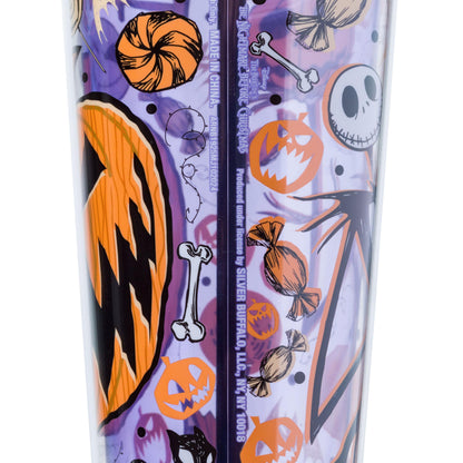 Silver Buffalo Disney Tim Burton's Nightmare Before Christmas Halloween Jack O-Lantern and Candy Featuring Jack Skellington Plastic Cold Cup with Lid and Straw Topper, 24 Ounces