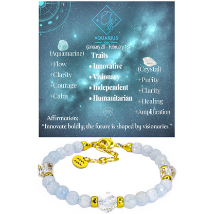 Ayriwoyi Aquarius Zodiac Bracelet Aquamarine Clear Quartz Crystal Healing Beads Bracelet 12 Constellations Bracelets Adjustable Astrology Jewelry Gift Women