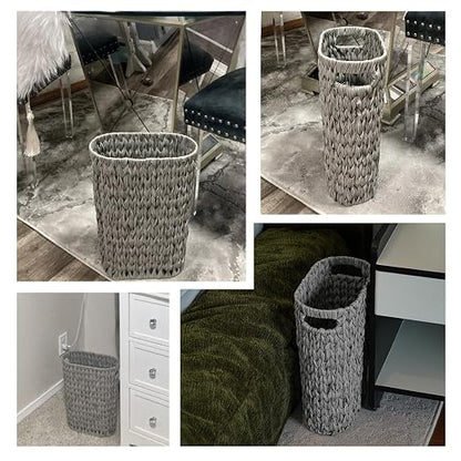 Coeusy 5 Gallon Wicker Trash Can,Wicker Bathroom Trash Can with Handles,Handwoven Waste Basket Waterproof Narrow Small Garbage Can for Bedroom,Bathroom,Office,Grey/20 Liters