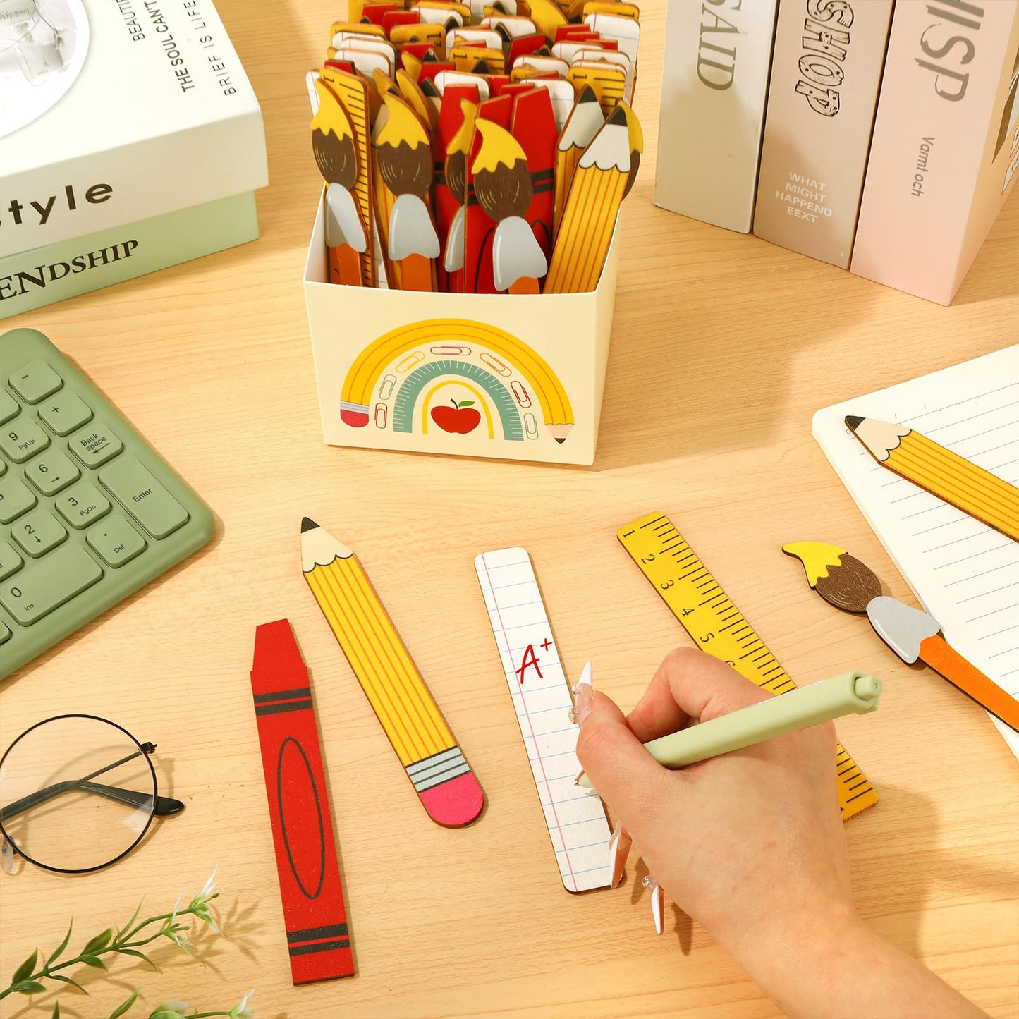 Whaline 101 Pcs Back to School Name Sticks with Carton Crayon Ruler Pencil Talking Flip Name Sticks Teacher Student Grouping Tally for Classroom Educational Learning Activities Supplies