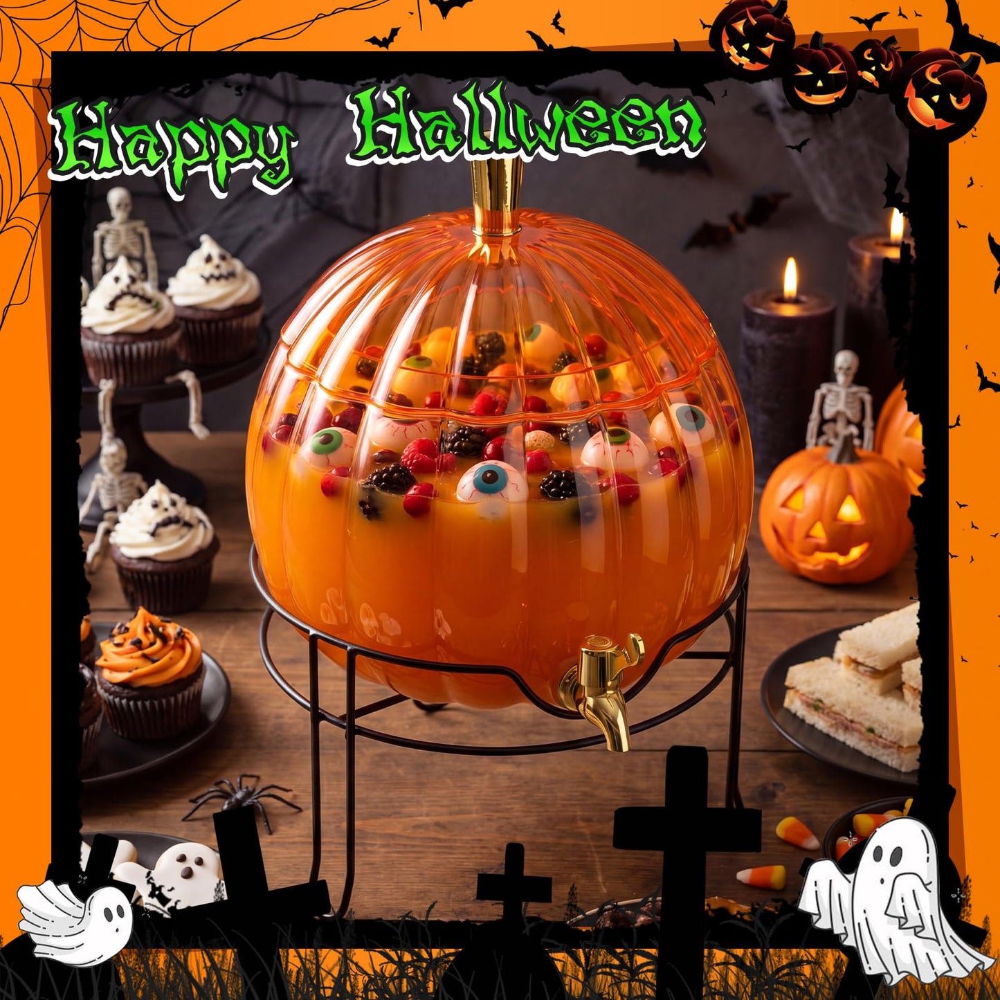 Romooa 1.3 Gallon Halloween Plastic Drink Dispenser with Metal Stand Spigot Pumpkin Shaped Drink Dispenser Beverage Flask with Spigot for Fall Harvest Summer Halloween Autumn Party Supplies(Orange)