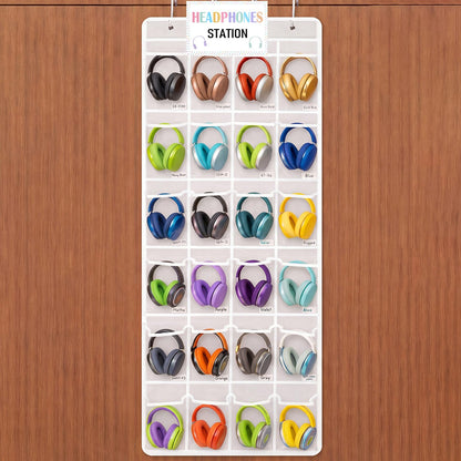 Maasechs Classroom Headphone Storage Organizer 24 PVC Clear Over The Door Hanging Classroom Headphone Holder Pocket with 4 Hooks for School Library(White)