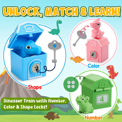 Toddler Montessori Learning Toys for 2 3 4 5 Year Old Boys, Kids Dinosaur Train Matching Toys with Locks & Keys | Counting & Sorting Trains Set, Preschool Toy Boy Girls Birthday Gifts Ages 2-4 3-5