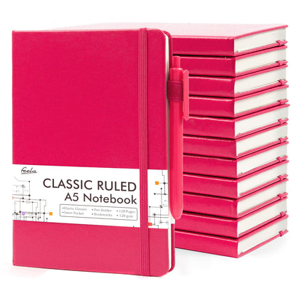 feela 12 Pack Notebooks Journals Bulk, Hardcover Notebook Classic Ruled Lined Journals with Pen Holder for Women Girls School Business Supplies, with 12 Black Pens, 120 GSM, 5.1”x8.3”, A5, Berry