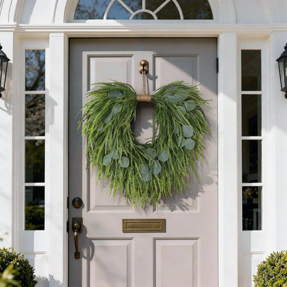 Artificial Saw Grass & Eucalyptus Wreath for Front Door, 22" Faux Saw Grass Fake Eucalyptu Greenery Hanging Heart Shaped Wreath for Wall, Farmhouse, Window,Home Decor | Spring Summer