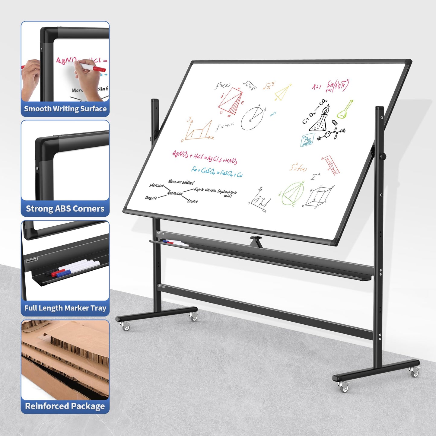 DexBoard Large 72x40 Inch Mobile Whiteboard, Double-Sided Magnetic Dry Erase Board on 360-Degree Rolling Stand, Height-Adjustable, Reversible for Office, Classroom & Home Use