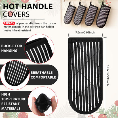 Dandat 24 Set Hot Handle Covers for Daily Replace Use Gift Pan Handle Sleeve Cover Heat Resistant Cast Iron Holder Sleeve Washable Handgrip Mitts for Christmas Kitchen BBQ Baking Cookware(Stripe)