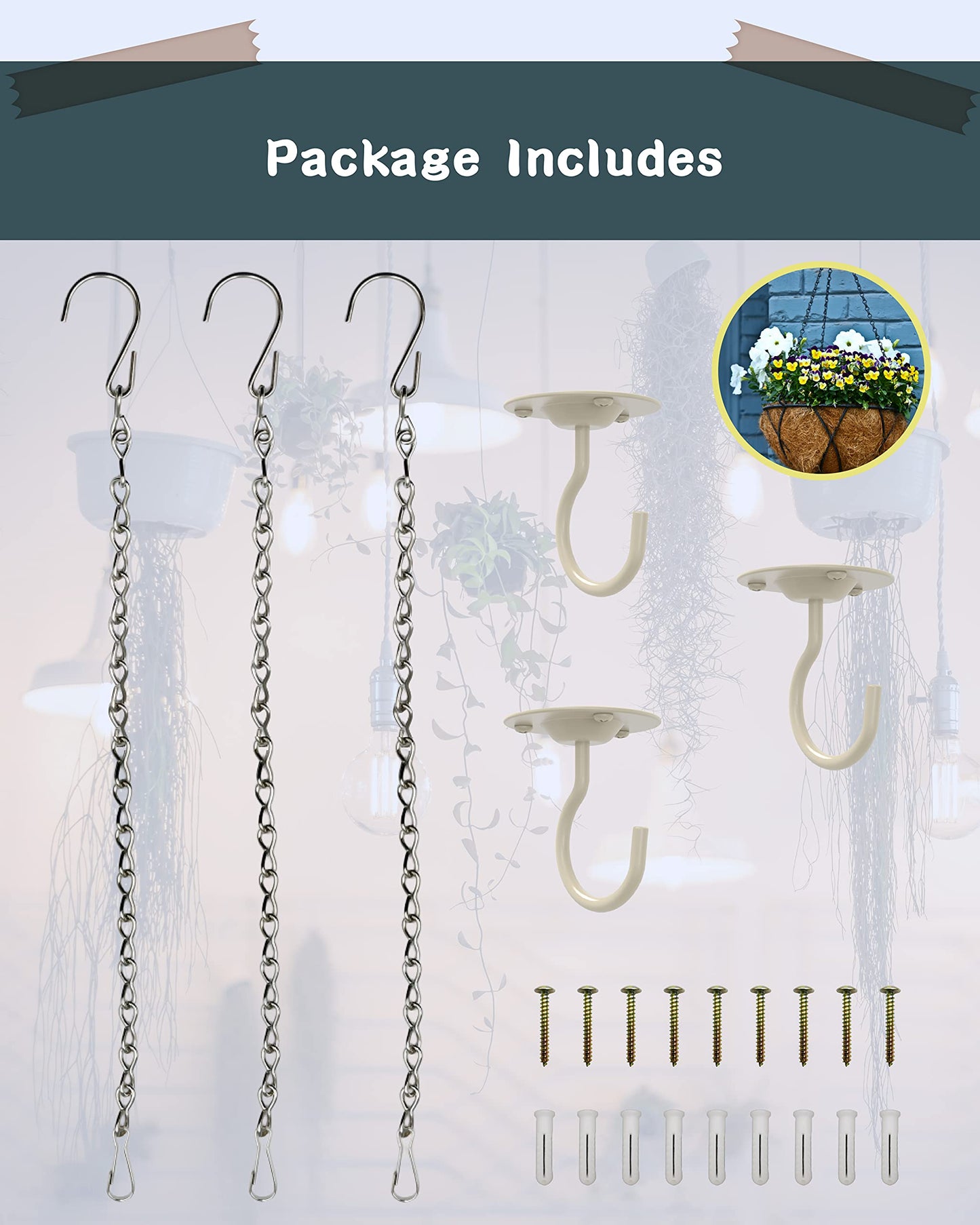 NACETURE Ceiling Hooks for Hanging Plants 3 Pack - Plant Hanger Indoor Hanging Hooks Metal Plant Bracket Iron Lanterns Hangers for Wind Chimes (White 3 Pack + Chain)