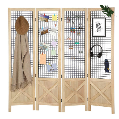 Wnutrees 4 Panel Gridwall Display, Portable Freestanding Display Board for Craft/Art Shows, Retail, Events, Decorative Wood Room Divider Folding Screens, Natural