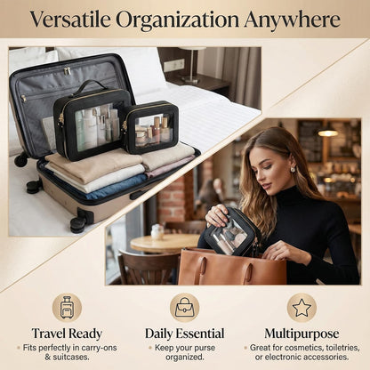 LAZYTAIL Makeup Bag | Transparent Toiletry Bag | Portable Waterproof Makeup Storage Bag | Travel-Specific Skincare Storage Bag | 2 Sets, L+M+MINI (White+Black)