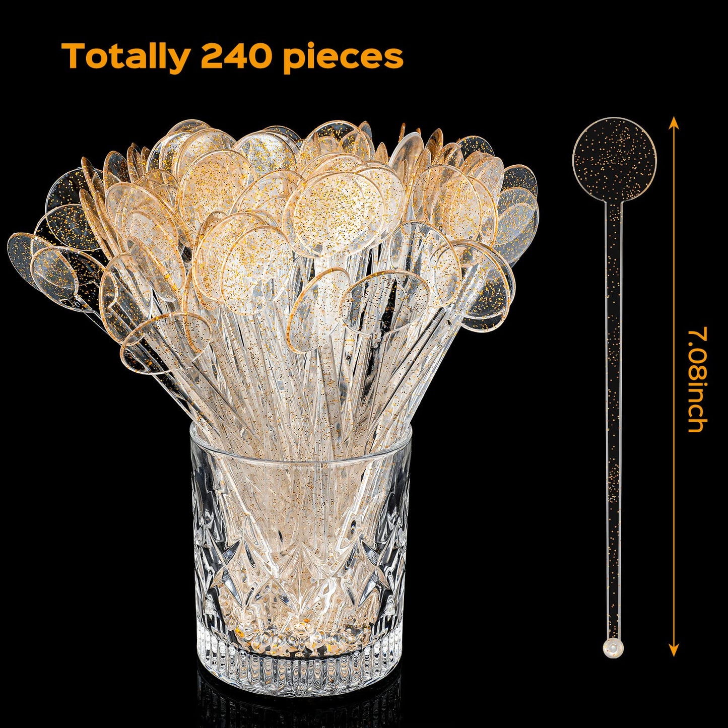 Marsui 240 Pieces 7 Inch Swizzle Sticks for Cocktail Coffee Drink Stirrers Cocktail Stirrers Disposable Stirring Sticks Plastic Disc Top for Mixing Coffee Whiskey Beverage (Glitter Gold)