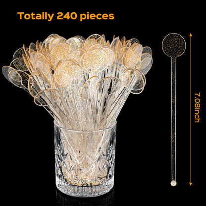 Marsui 240 Pieces 7 Inch Swizzle Sticks for Cocktail Coffee Drink Stirrers Cocktail Stirrers Disposable Stirring Sticks Plastic Disc Top for Mixing Coffee Whiskey Beverage (Glitter Gold)