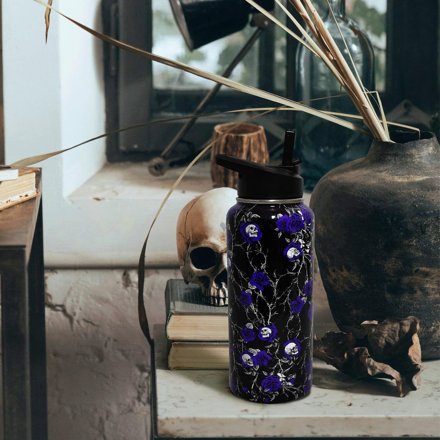 ZNYYZYBA Insulated Halloween Water Bottle 32 oz, Flower Skull Water Bottle with Straw, Reusable Leakproof Tumbler Stainless Steel, Halloween Gifts for Women