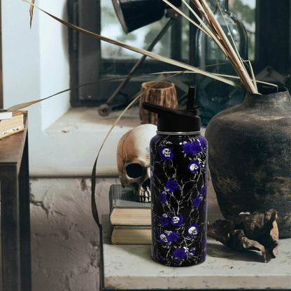 ZNYYZYBA Insulated Halloween Water Bottle 32 oz, Flower Skull Water Bottle with Straw, Reusable Leakproof Tumbler Stainless Steel, Halloween Gifts for Women