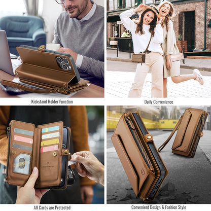 Strapurs Wallet Case Compatible with iPhone 15 Pro Max RFID Blocking 10-Card Holder Soft PU Leather Magnetic Snap Shoulder Strap Zipper Pocket Phone Case Fit for iPhone 15 Pro Max 6.7" - Brown