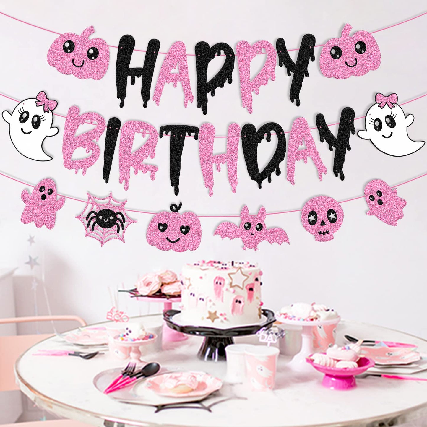 Pink Black Halloween Birthday Banner Ghost Bat Happy Boo Day Little Boo Themed for Girl Happy Birthday Party Supplies Glitter Halloween Decoration