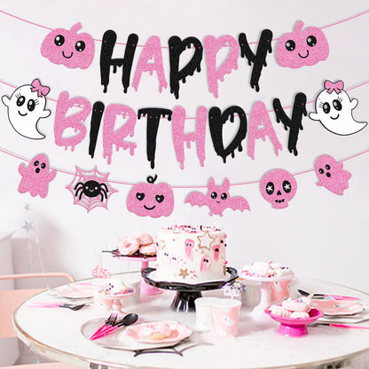 Pink Black Halloween Birthday Banner Ghost Bat Happy Boo Day Little Boo Themed for Girl Happy Birthday Party Supplies Glitter Halloween Decoration