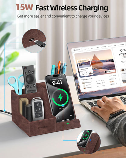 Investme Wireless Charger with Desk Organizer, Pen Pencil Holder, Multifunctional Desktop Organizer, Office Supplies and Desk Accessories Organizer with 3 Compartments and 1 Phone Stand, Dark Brown