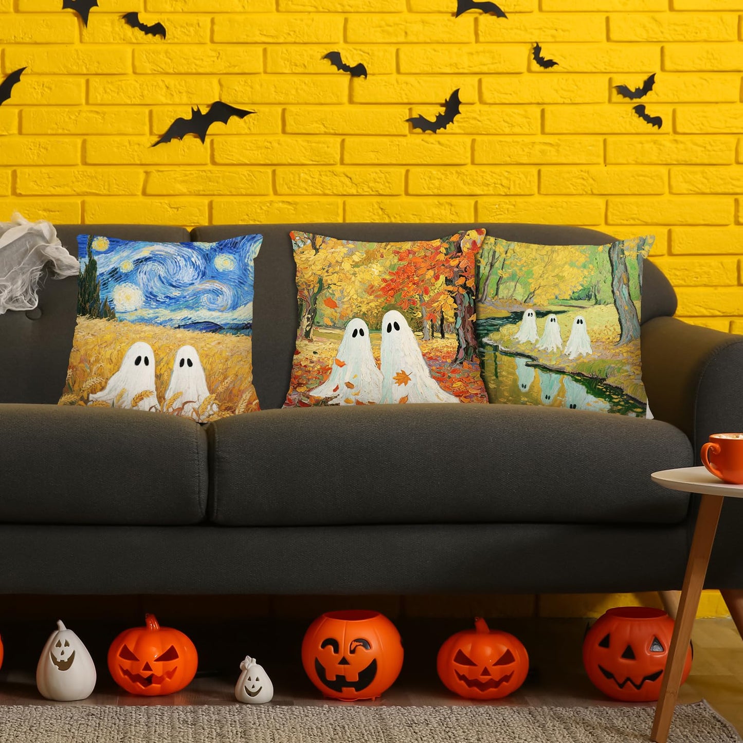 Whaline 4Pcs Halloween Pillow Covers Van Gogh Ghost Starry Sky Throw Pillow Case Decorative Cushion Cover for Sofa Couch Bed Home Office, 18 x 18 Inch