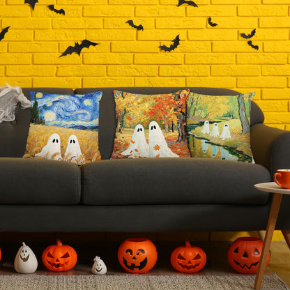 Whaline 4Pcs Halloween Pillow Covers Van Gogh Ghost Starry Sky Throw Pillow Case Decorative Cushion Cover for Sofa Couch Bed Home Office, 18 x 18 Inch