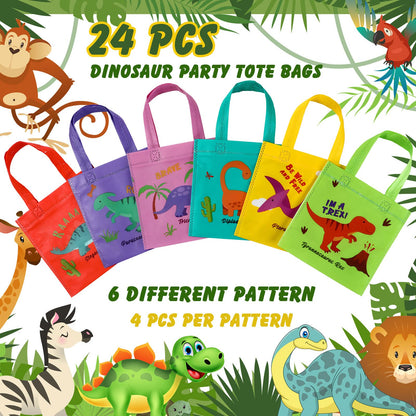 Tallew 24 Pieces Dinosaur Party Favor Bags Dinosaur Birthday Party Supplies Dino Goodie Treat Candy Gift Bags Non Woven with Handles Reusable for Birthday Decorations