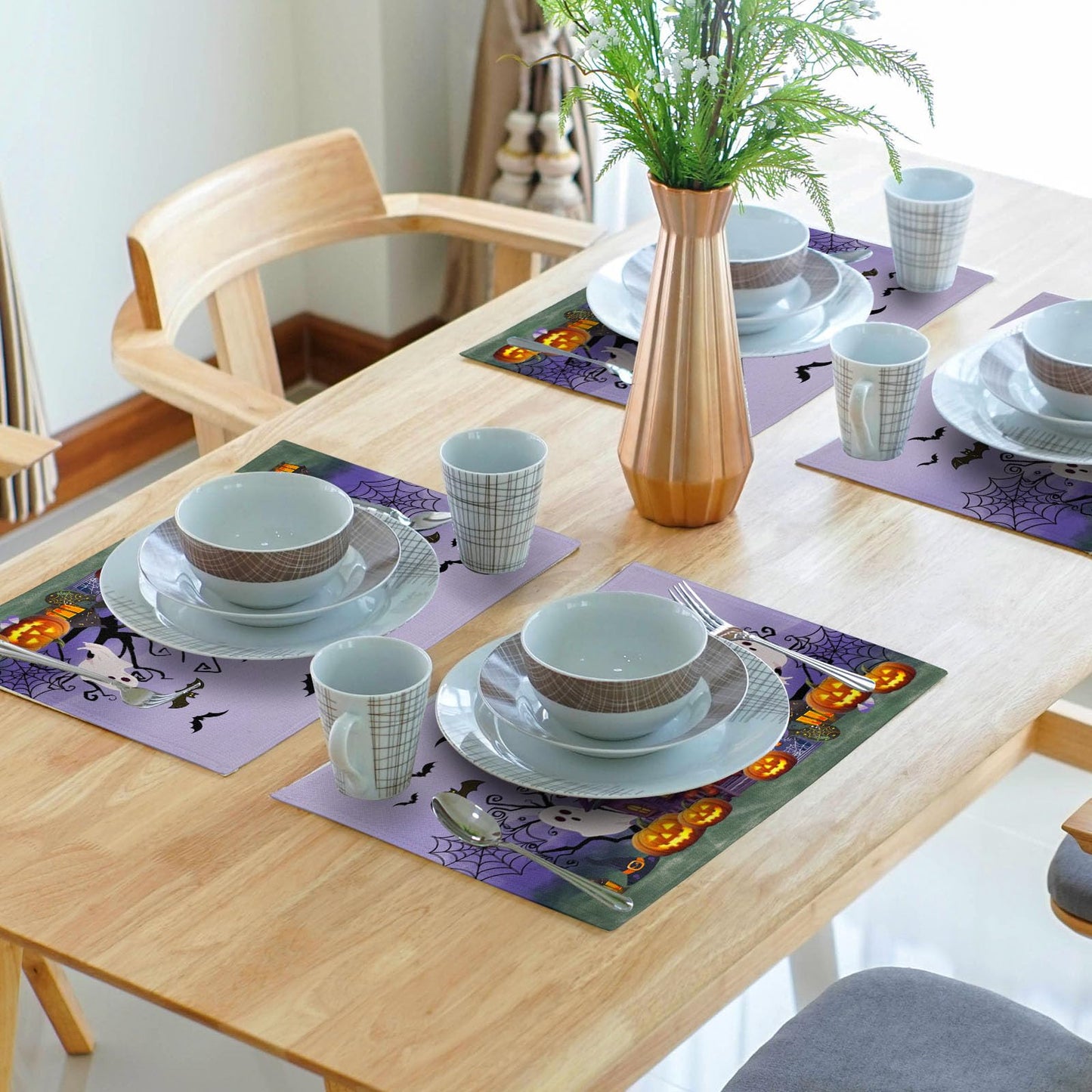 Khope Halloween Placemats Set of 4 Spider Web Pumpkin Purple Rustic Holiday Washable Heat Resistant Rectangle Dinner Mats for Party Kitchen Dining Decoration 12x18 Inch