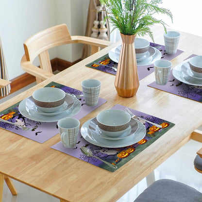 Khope Halloween Placemats Set of 4 Spider Web Pumpkin Purple Rustic Holiday Washable Heat Resistant Rectangle Dinner Mats for Party Kitchen Dining Decoration 12x18 Inch
