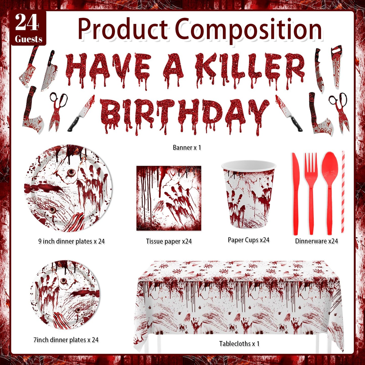 MEHOFOND Killer Birthday Decoration, 194PCS Halloween Scream Party Tableware Decorations Include Have a Killer Banner Bloody Hand Print Plates Napkins Tablecloth for Horror Themed Birthday Supplies