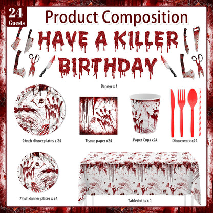 MEHOFOND Killer Birthday Decoration, 194PCS Halloween Scream Party Tableware Decorations Include Have a Killer Banner Bloody Hand Print Plates Napkins Tablecloth for Horror Themed Birthday Supplies