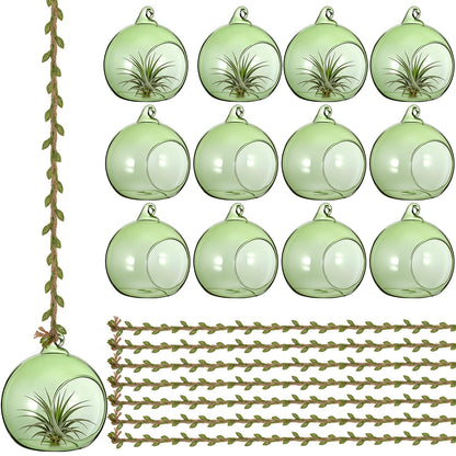 GlikCeil 13 Pcs 3.15'' Hanging Glass Candle Holder with Burlap Leaf Ribbon, Glass Orbs Air Plants Tea Light Candle Holders, Globe Plant Terrariums for Decor Indoor Outdoor Garden DIY (Green)