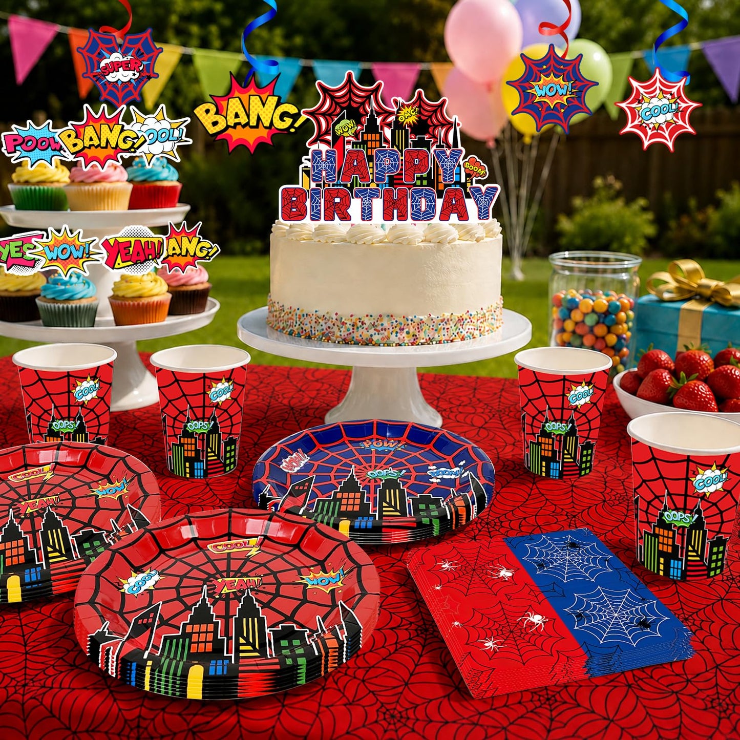 103pcs Spider Web Birthday Party Decorations Supplies, 10 Guests Spider Web Party Tableware Including Spider Balloons Cake Topper Banner Plates Spiral Pendant Cupcake Toppers etc Spider Party Supplies