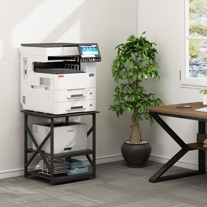 Printer Stand, 23.6 x 23.6 x 30.1 Inches Large Square Printer Table with Height Adjustable Storage Shelf, 3 Tier Rolling Printer Cart with Industrial Wheels for Home Office - Black