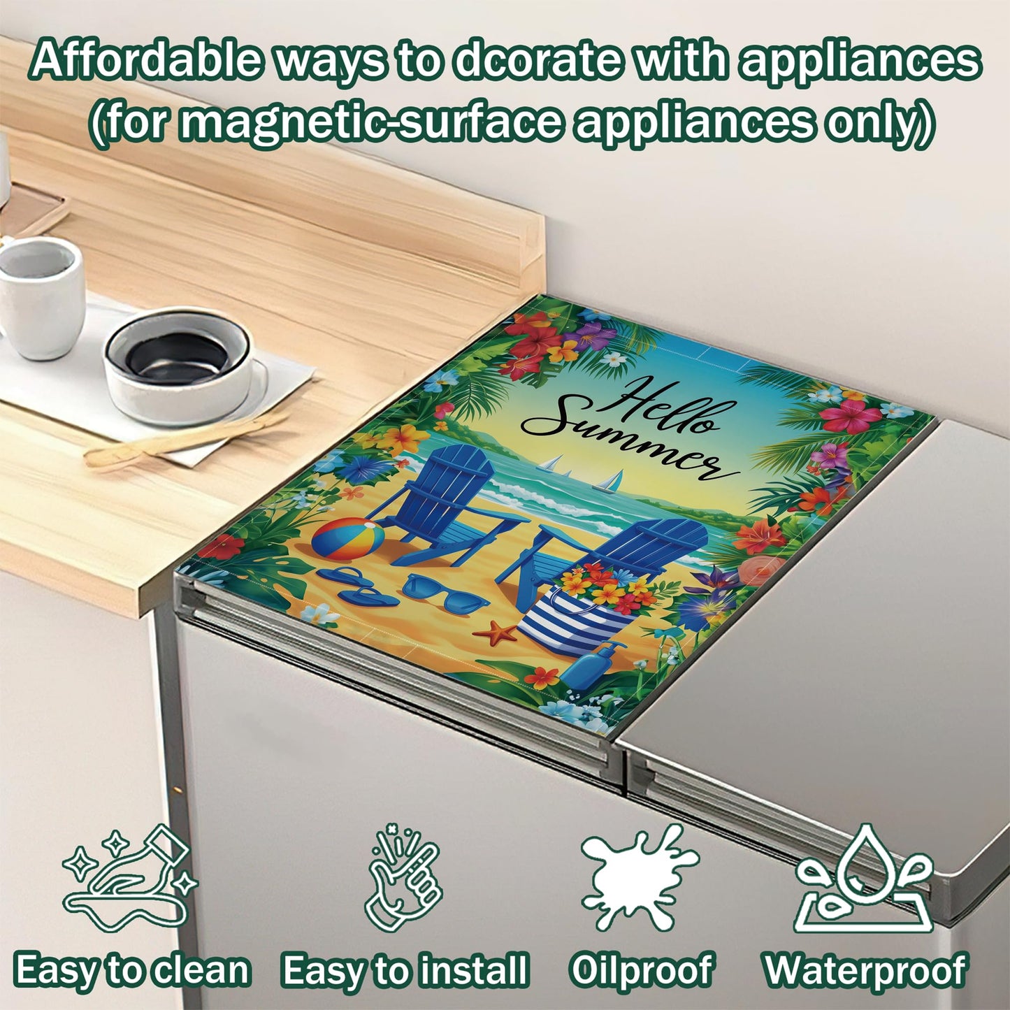 Summer Beach Refrigerator Magnet Cover,Tropical Flowers Washable Dishwasher Magnets Decorative Cover,Home Kitchen Decorative Dishwasher Front Panel Cover 23x26 Inch