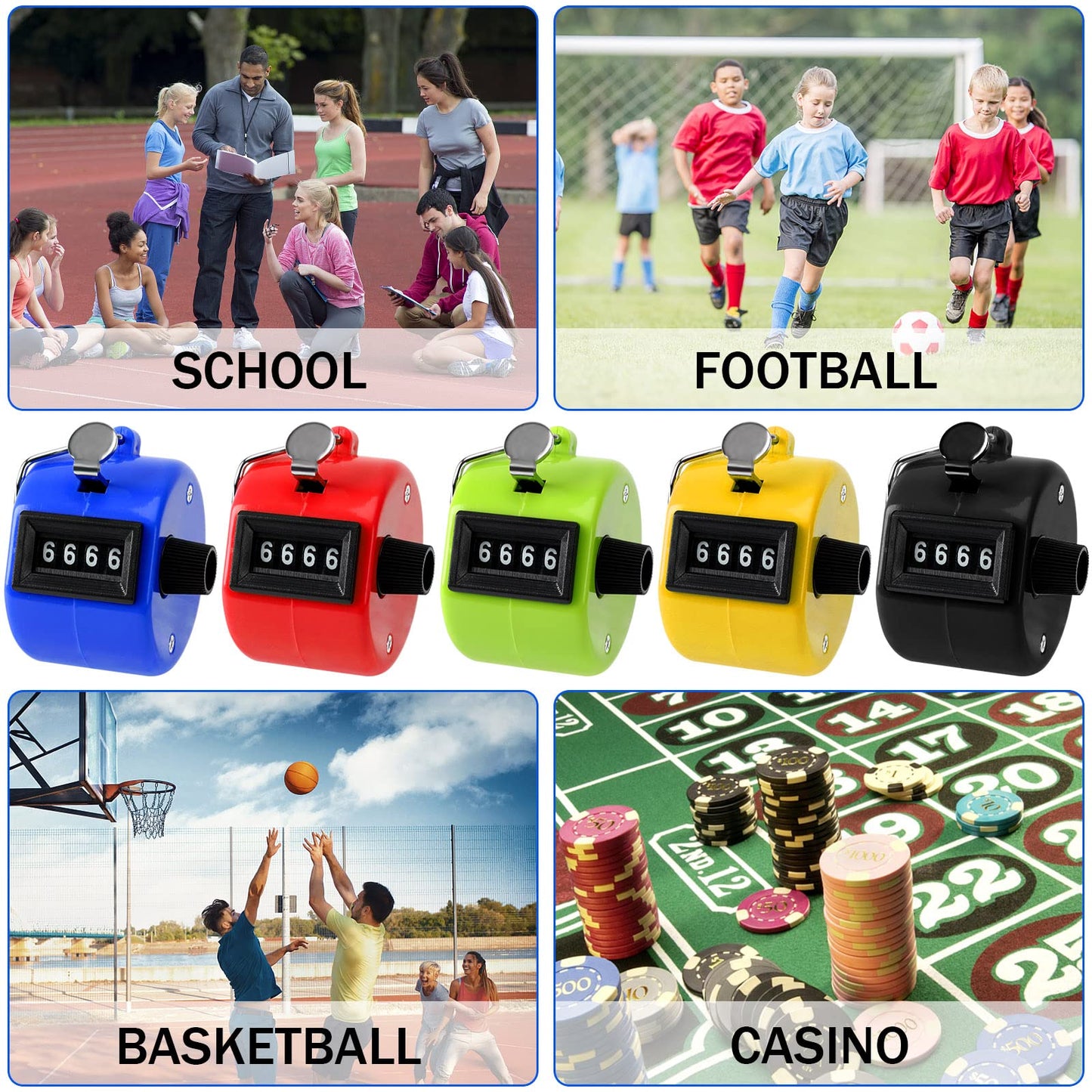 PETKNOWS Colors Handheld Tally Counter Clicker, 5 Pcs 4 Digital Number Click Counter for School Event Golf Sports Office Stadium