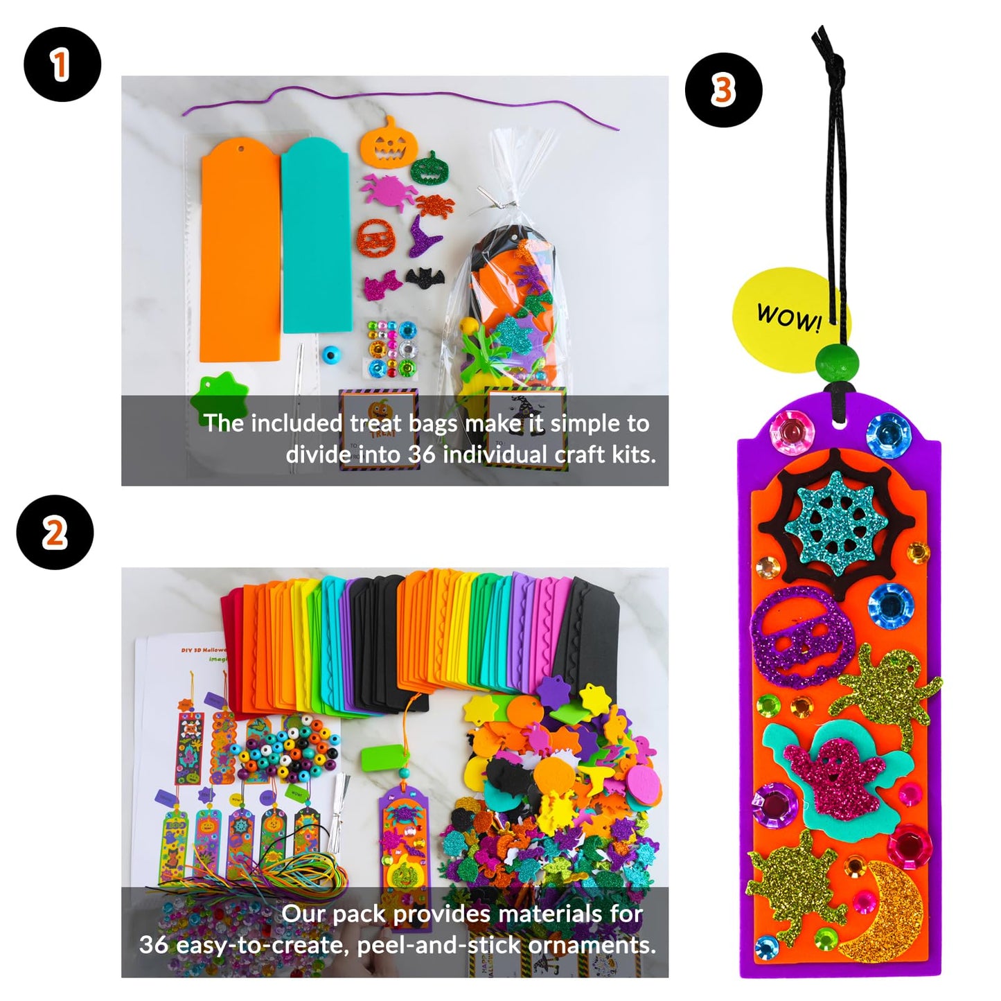 Winlyn 36 Sets Halloween Craft Kits Fall Kids Crafts DIY 3D Halloween Bookmarks Art Sets Monster Jack-O'-Lantern Foam Stickers Arts and Crafts for Kids Classroom Activities Trick-or-Treat Party Favors
