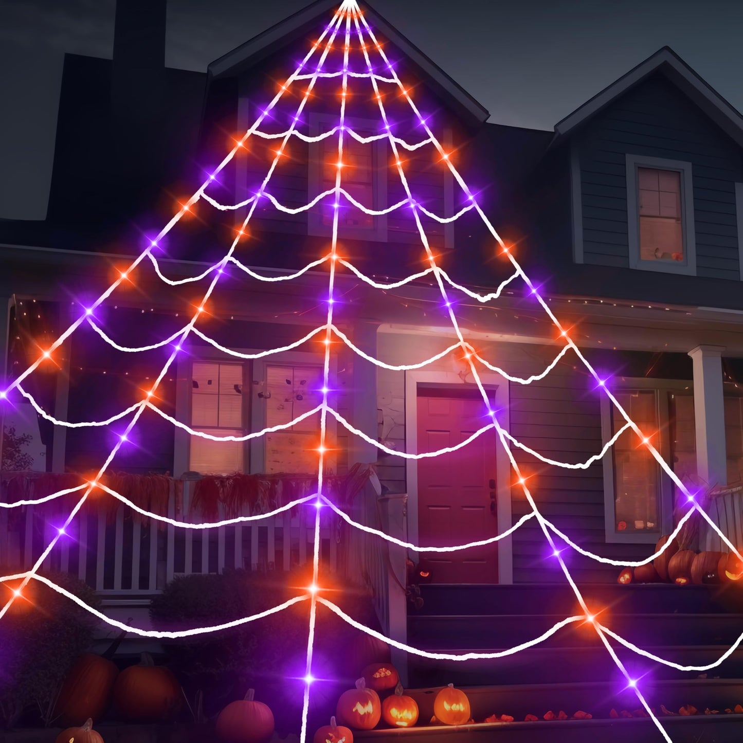 JOYIN Light-up Halloween Spider Web Decoration Outdoor, 19.7 x 14.7 FT Giant Triangular Web with LED Lights, Timer Cobweb Decor with 8 Lighting Modes for Indoor Yard Porch Haunted House Prop