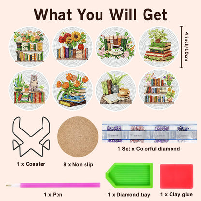 GEEHEIY Book Lover Diamond Art Coasters Kit for Adults, 8PCS DIY Floral Bookshelf Diamond Painting Coasters with Holder, Cozy Reading Aesthetic Home Decor Gifts